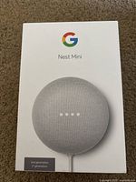 Front of original white box showing Google Nest Mini 2nd Gen in gray, with Google 'G' logo and product name.