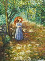 Full view of the oil painting showing a woman standing on a wooded path with trees and foliage in impressionist style.