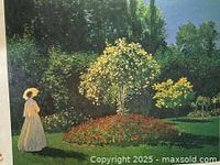 Oil painting of garden scene with woman in white dress and yellow hat