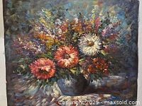 Full view of the oil painting depicting a vibrant floral still life with a variety of flowers and foliage in a vase.