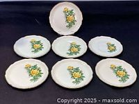 Seven George Rose dessert plates arranged in two rows with one plate on a stand behind, showing the full set and floral design.