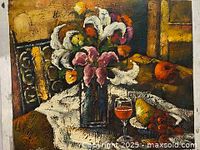 Full view of the still life oil painting showing flower arrangement in a vase, fruit on plate, glass of wine, and apple on table.