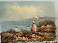 Full front view of the oil painting showing the coastal scene with woman in pink dress and children near the shoreline with boats in the distance.