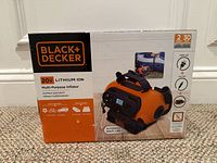 Box showing front side with Black & Decker branding, 20V Lithium Ion label, product photo, and key selling points.