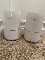 Two white cylindrical Home brand air purifiers side by side on carpet showing front and side profiles.