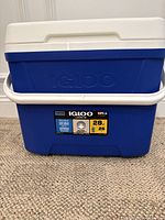 Blue and white Igloo Laguna cooler with front label providing capacity details.