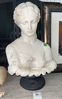 Full front view of the ceramic bust of water nymph Clytie showing dress detailing and black base.