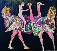 Full view of the large colorful abstract painting depicting a human figure on two colorful birds on a dark background.