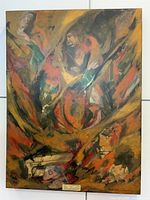 Front view of the signed acrylic on canvas painting showing entire artwork and small plaque