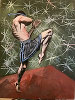 Full view of the signed oil painting, martial artist figure with starburst background