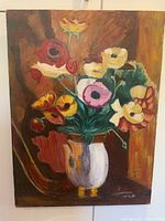 Full view of signed floral oil painting on canvas