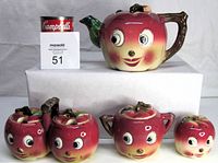 Front image of the full set showing teapot on elevated white block and other three pieces arranged in front, with Campbell's soup can for scale.