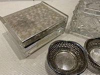 Lucite box, crystal box corner, two metal dishes