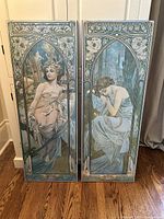 Two full-length Art Nouveau posters by Alphonse Mucha side by side, showing the two female figures and decorative borders.