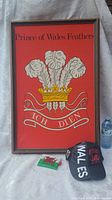 Full view of Prince of Wales Feathers framed wall hanging with red background and 'ICH DIEN' text, displayed next to black Wales cap and coin purse.