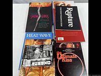 Top view of multiple erotic art and photography books arranged side by side showing cover titles and artwork.