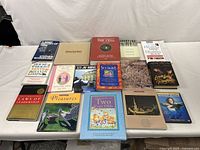 Full view of 16 assorted books laid out on a cloth background, showing variety of titles and colors.
