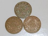 Three 1920 Canadian pennies reverse side showing "CANADA ONE CENT 1920" and maple leaves, coins in varied wear conditions
