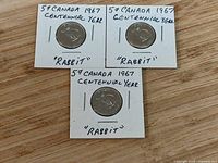 Three 1967 Canadian Centennial 5 cents coins mounted on individual cardboard holders, each labeled with year, denomination, and 'rabbit' design.