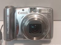 Front view of silver Canon PowerShot A720 IS with 6x optical zoom and markings showing 8.0 megapixels.