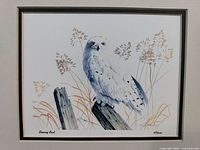 Framed print of a snowy owl perched on wooden posts with grass in the background, signed by artist Randy Fehr