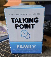 Box of Talking Point Family conversation starter cards showing brand name and number of cards included for building closer family relationships.