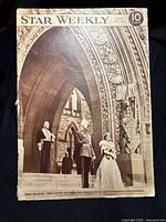 Front cover of Star Weekly magazine, depicting Their Majesties and Premier King framed by an ornate archway in Canada, dated June 3, 1939, showing some wear.