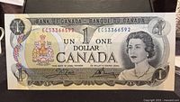 Front side of the 1973 Bank of Canada one dollar bill showing Queen Elizabeth II portrait, Canadian coat of arms, serial numbers, and currency denomination.