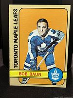 Front of Bob Baun 1972-73 Topps Toronto Maple Leafs hockey card showing player image and identifying text.
