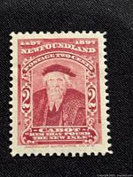 Front view of the 1897 Newfoundland stamp showing John Cabot portrait in carmine rose color with text and denomination.