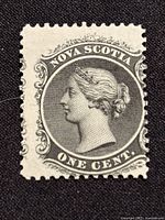 Front of the 1860 Nova Scotia 1 cent black Queen Victoria stamp showing detailed engraving and perforations.