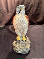 Front view of ceramic kestrel bird figurine showing detailed front feathers, yellow feet on a textured rock base, glossy finish.