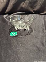 Individual clear glass bowl with etched Cornflower floral pattern and three spherical feet shown with a size indicator '6' marker.