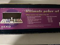 Close up of box front showing brand, chip count, chip colors and quantities, included contents and case material