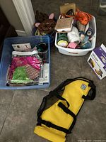 Photo showing the full pet supplies bundle with life jacket laid out on floor next to plastic bins containing toys, clothing, and other pet accessories.