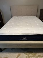 Front view of queen size bed frame with a tufted light beige upholstered headboard and mattress on top