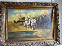 Full view of the oil painting showing warriors on horses by a water body with natural landscape background, in a large ornate frame.