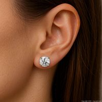 Moissanite stud earring worn in ear showing size and appearance.