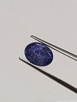 Close-up of oval cut genuine tanzanite gemstone held by jeweler's tweezers, showing blue-purple color and faceted surface.