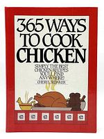 Front cover of the cookbook '365 Ways to Cook Chicken' by Cheryl Sedaker with red border and typed title text, including chicken illustration.