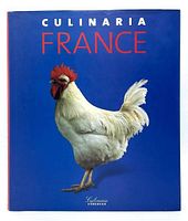 Front cover of the book showing a white rooster on a blue background with title 'Culinaria France'.