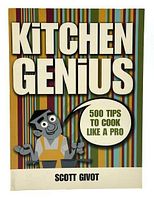 Front cover of the book 'Kitchen Genius' by Scott Givot showing colorful striped background, title, cartoon chef, and subtitle.