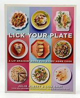 Front cover of the Lick Your Plate cookbook showing colorful photos of various dishes in a grid layout.