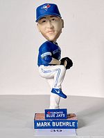 Front view of Mark Buehrle bobblehead in pitching stance on rectangular base with name and team logo.