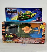 Front view of the factory sealed Masters of the Universe Wind Raider vintage toy box, showing the vehicle and colorful packaging artwork.