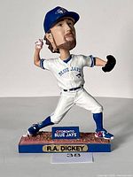 Front view of R.A. Dickey bobblehead showing detailed facial features, uniform, and pitching pose.