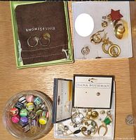 Photo showing various costume jewelry earrings on Ross-Simons pouch, and bowl with loose colorful glass beads and metal spacers.