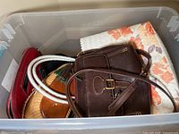Clear plastic bin with various purses and handbags inside including a brown handbag with front flap and buckle, and a woven tan and orange handbag.