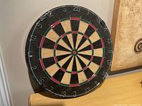 View of dartboard showing numbers and colored segments.