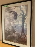 Full view of the framed eagle print with forest background and black frame, showing the overall artwork and condition.